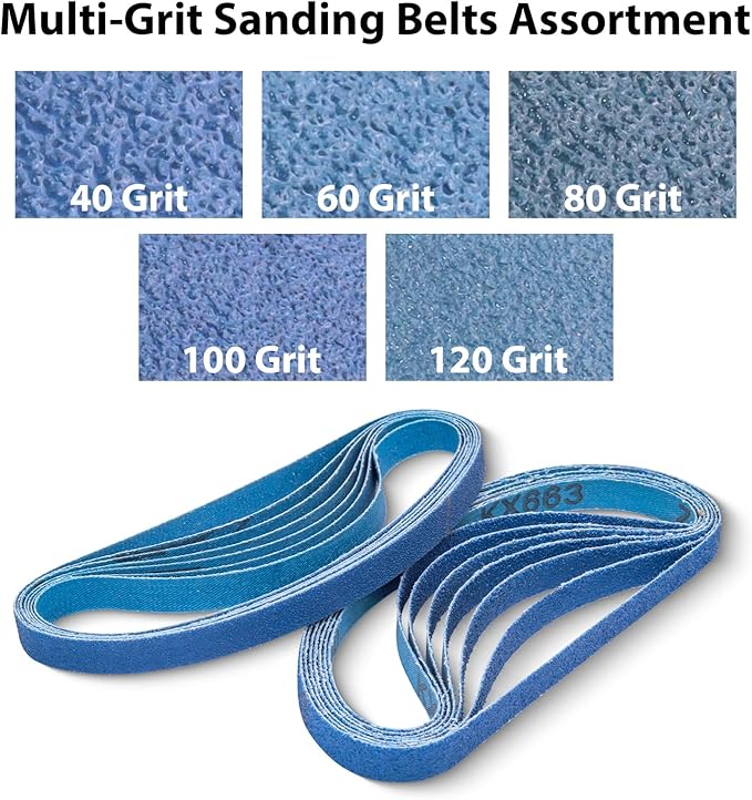 1/2 x 18 Zirconia Sanding Belts, 35 Pcs 7 Each of 40/60/80/100/120 Assorted Grits, 1/2x18 Inch Sanding Belts for Air Belt Sander, Knife Sharpening, Metal Polishing, Woodworking