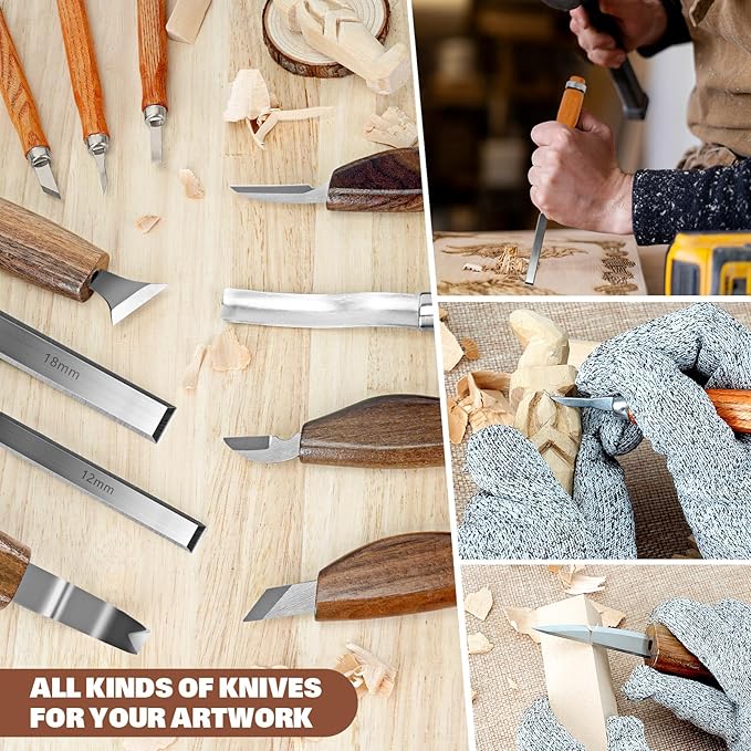 Wood Carving Kit, 20Pcs Wood Carving Tools with Leather Storage Bag, Whittling Kit with 3Pcs Chisels & 8Pcs Whittling Knives & 5 Detail Knives for Beginners and Enthusiasts