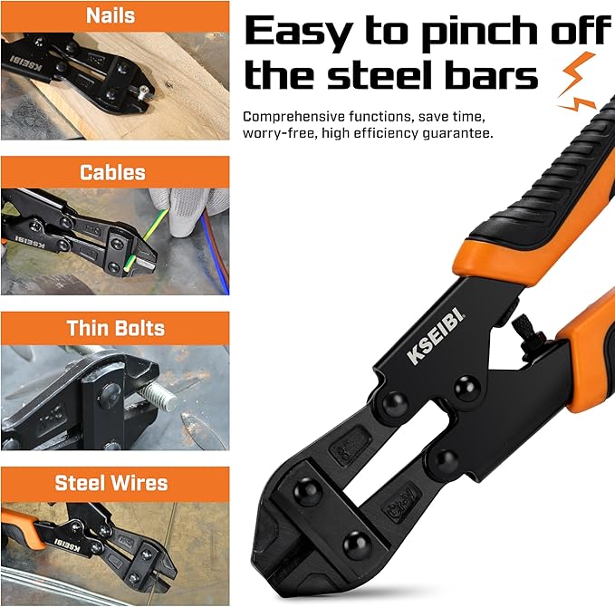 KSEIBI 141610 Mini Bolt Cutters 8 inch - Spring Loaded, CR-V Steel, Sharpened Cutting Edge, Wire Cutter, Snips Clippers, One Hand Operation, Small and Portable Design with Soft Grip Anti-Slip Handle