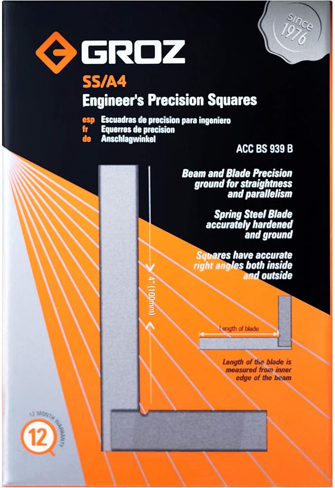 Groz 01002 4" Precision Steel Square, 16 Microns Squareness