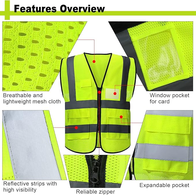JenPen 10 Pieces Reflective Safety Vests with Pockets and Zipper, High Visibility Mesh Construction Vest for Men Women