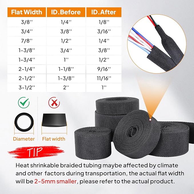 Black 2:1 Ratio Automotive Heat Shrink Braided Sleeving,Wear-Resistant Flat Woven Shrinkable Sleeve Fabric Car Cable Wires Hoses Protection (2''-19ft)