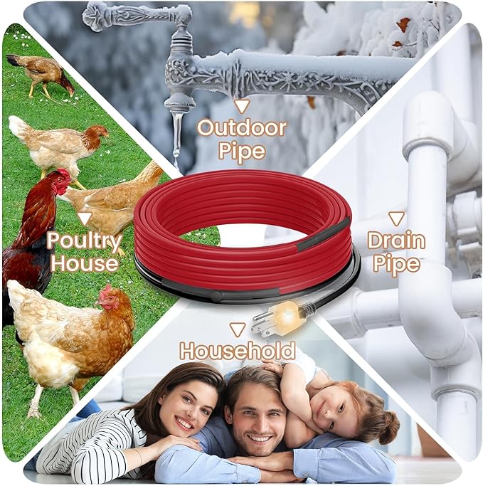 18 FT Heat Tape for Water Pipes Freeze Protection with Thermostat, Electric Heat Trace Pipe Heating Cable Energy-Saving 120V 7W/FT