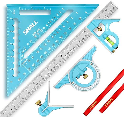 SHALL Rafter Square & Combination Square Tool Set, 7 Inch Aluminium-Alloy Carpenter Square & 16 Inch Zinc-Alloy Woodworking Framing Combo w/Stainless Steel Ruler, 2 Carpentry Pencils, Scriber