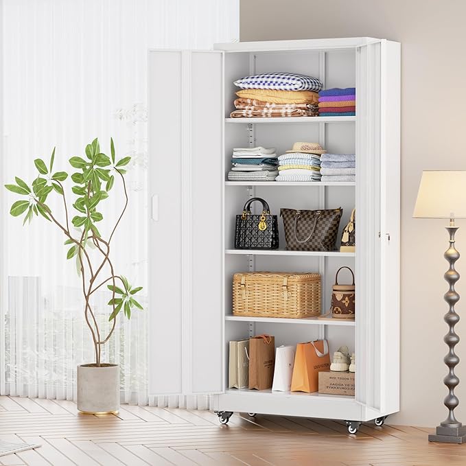 Pataku 73" Metal Storage Cabinet with Wheels, Garage Storage Cabinet with 4 Adjustable Shelves & Lockable Doors for Garage Home Office, Heavy Duty Tool Cabinets（White）