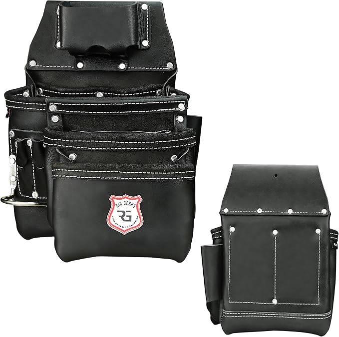 Leather Tool Belt with Adjustable Hook - Premium Heavy Duty Tool Belts for Men with 22 Multi-Purpose Pocket Tool Pouch (Black, Standard), RG-004