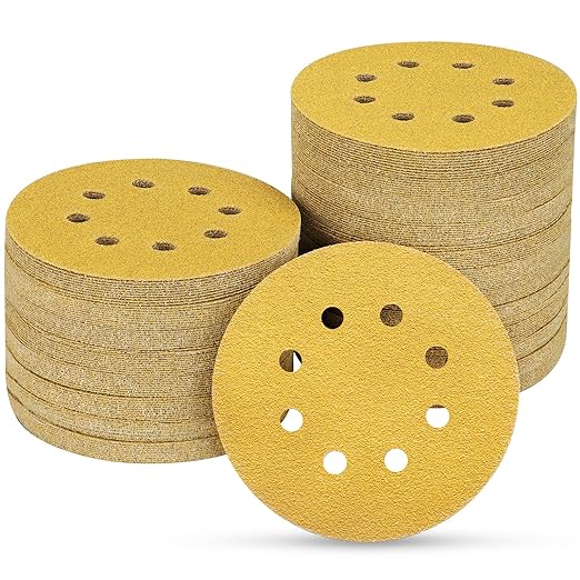 100PCS 5 Inch 8 Hole Sanding Discs 80 Grit,Gold Round Hook and Loop Sandpaper for Random Orbital Sander