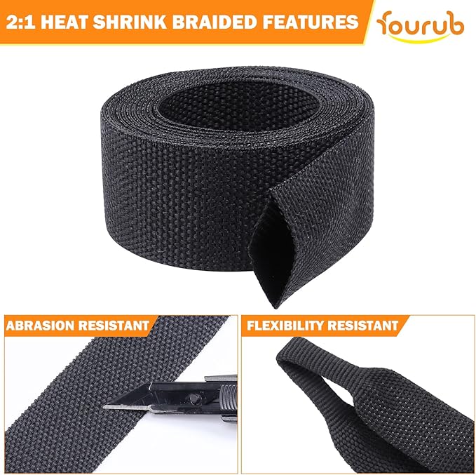 50% Ratio Heat Shrink Automotive Wire Loom Shrinkable Braided Sleeving Fabric Shrink Tubing Wear-Resistant Woven Wire Sheathing(3/8"-18ft)