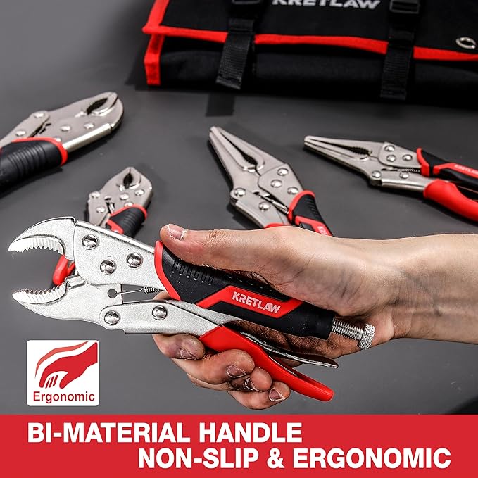 Vice Grips Pliers Set - 6-Piece Set Including 6-1/2" & 9-1/2" Long Nose, 5", 7" & 10" Curved Jaw, 6" C-Clamp Locking Pliers With Rolling Pouch