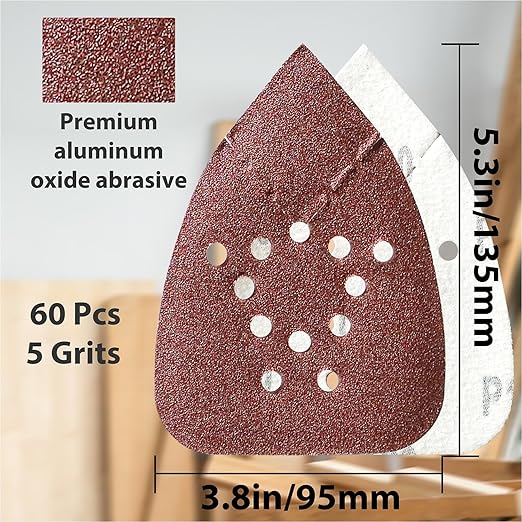 S&F STEAD & FAST Black and Decker Mouse Sanding Pads 60 Pack, 60, 80, 120, 150, 220 Grit Mouse Sander Sandpaper Assortment, 12 Hole Hook and Loop Detail Sander Pads with Tack Cloth