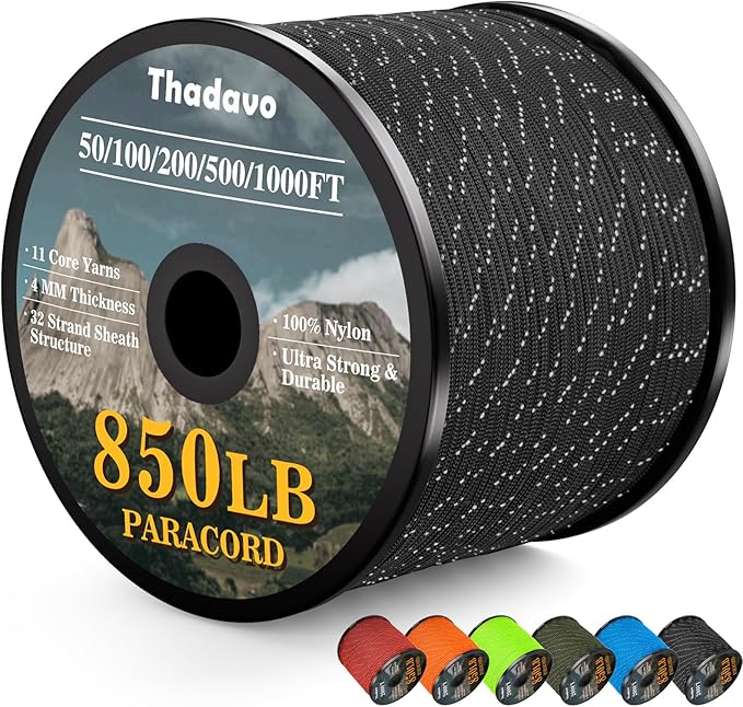 Reflective Paracord Rope 850Ib, 50/100/200/500/1000ft 4MM 11 Strand para Cords Lanyard Utility Parachute Cord for Tent Camping Hiking Tactical Clothesline Survival DIY Projects, Black 500FT