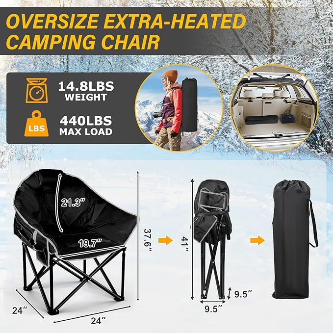 Oversized Heated Camping Chair, 3 Heat Levels Portable Heated Folding Chairs with 20,000mAh Power Bank, Camping Heated Chair for Adults Supports 440 lbs, Heavy Lawn Chair for Camping/Patio
