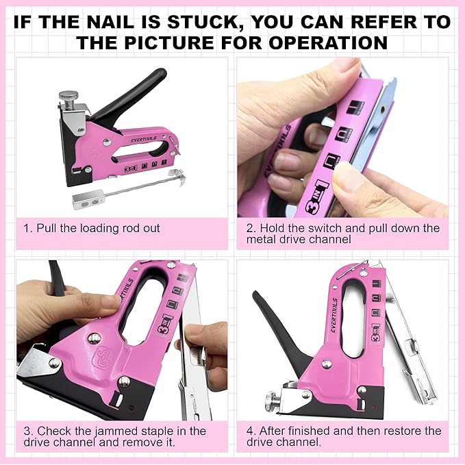 3 in 1 Staple Gun, Women Pink Manual Stapler with 600 Staples, for Wood, Cable, Crafts, Fabric, Decoration, Carpentry, Furniture, Material Repair and DIY.
