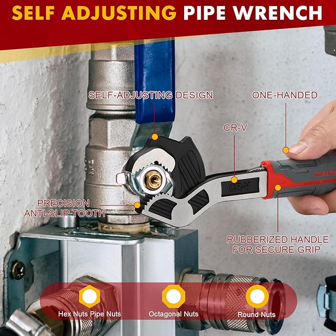 Self Adjusting Pipe Wrench Set - Multifunctional Locking 6 8 10 12 Inch Chromium Vanadium Steel Rapid Wrench for Car, Plumbing Repairs