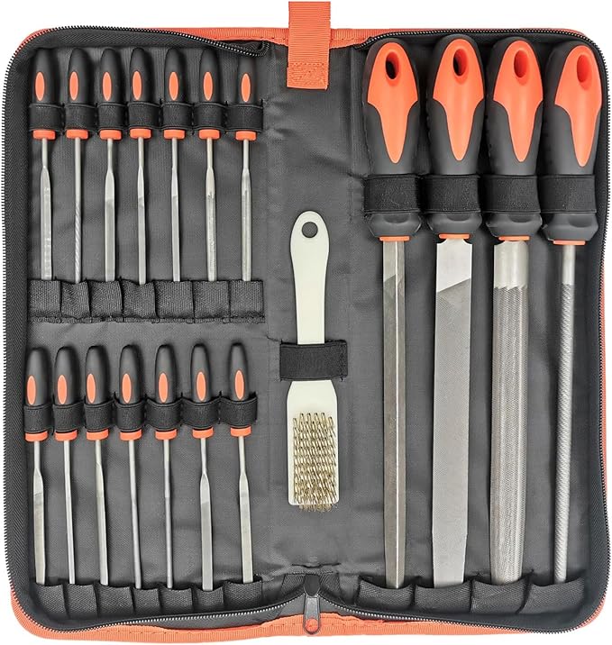 20 PCS Metal File Set with Case, Includes Flat/Half-Round/Round/Triangle Steel File, Half-Round Wood File