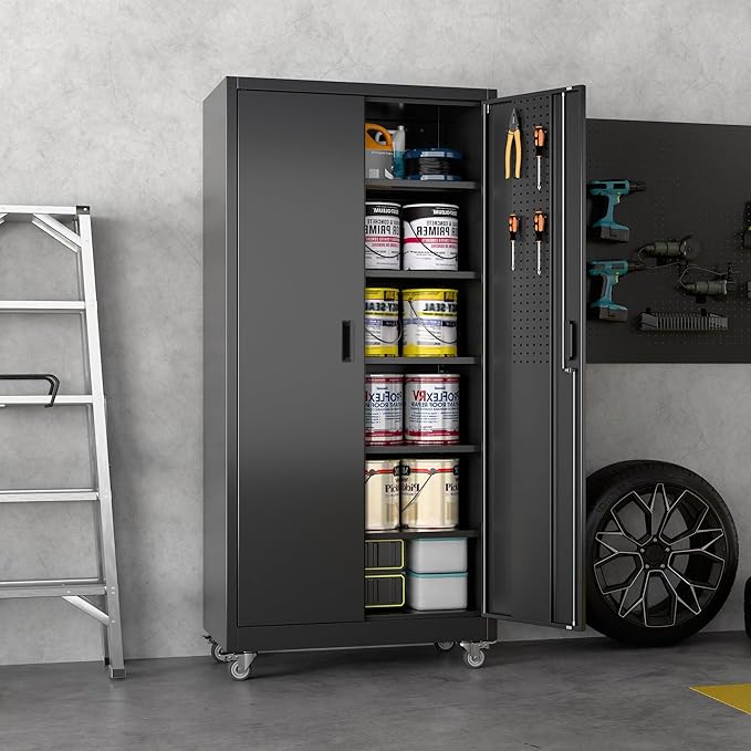 Metal Garage Cabinet with Wheels and Pegboard 71'' x 32'' x 16'', Lockable Rolling Steel Cabinet with 5 Adjustable Shelves and Door for Garage, Office, Kitchen, Assembly Required