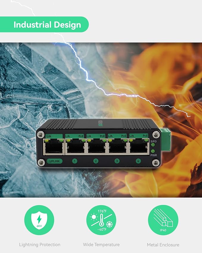LINOVISION Industrial 5 Ports Gigabit Solar POE Switch with DC9V-54V to DC48V Voltage Booster,4 x IEEE802.3af/at 30W POE Ports @120W, IP40, Compact POE Power for Solar Power/RV Truck/VoIP Systems