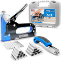 E•Werk - 5-in-1 Staple Gun Set - Heavy-Duty Stapler w/ 1500 Staples & Staple Remover for Wood, Fabric, Carpet & Wire Mesh - Hand Tacker w/Power Adjustment for Construction, Crafts & Upholstery Work