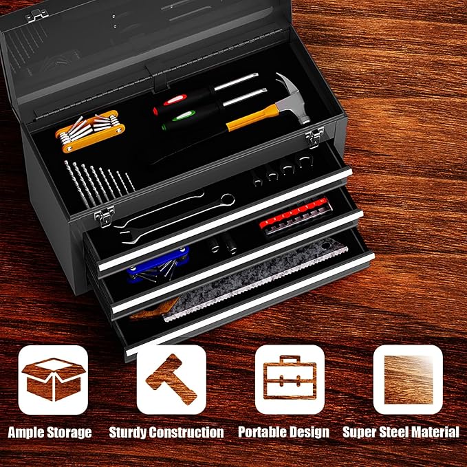 Goplus Tool Box with 3 Drawers, 4-Tier 20" Portable Tool Chest Organizer with Top Tool Tray, Auto Lock, Protective Liner, Handle, Steel Metal Small Toolbox for Gargae, Workshop, Home