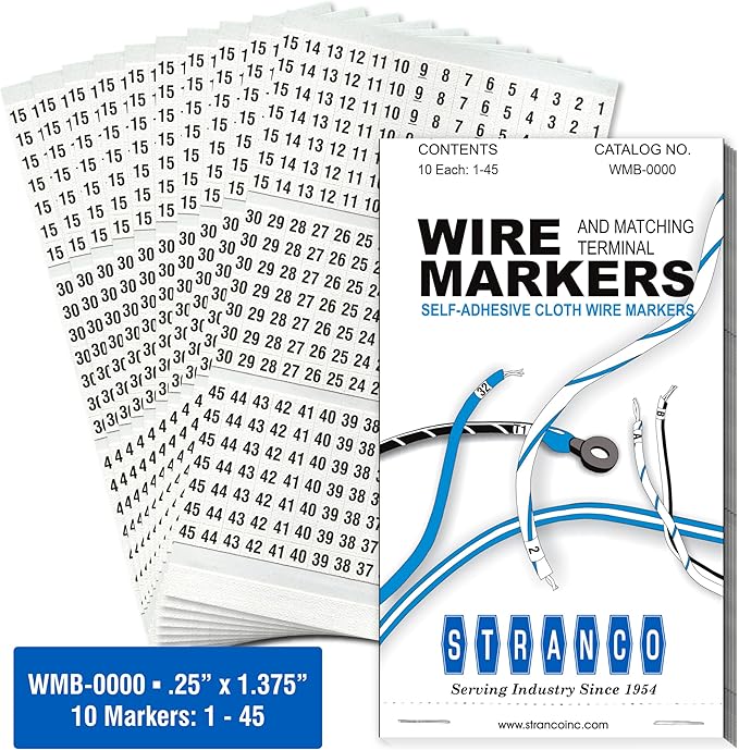 Premium Wire Marker Book for Cable Management, Vinyl-Coated, High-Tack Adhesive, Electric Panel Wire Label Stickers - 10 Pages, 1 Book, 450 Labels Numbered 1-45 (Pack of 25)