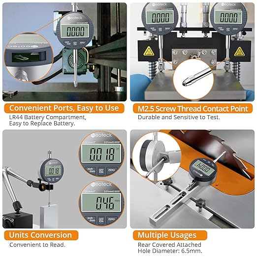 Neoteck DTI Electronic Digital Dial Indicator 1 inch/25.4 mm | Digital Probe Indicator Dial Test Gauge High Resolution: 0.0005 inch/0.01mm - Silver Gray