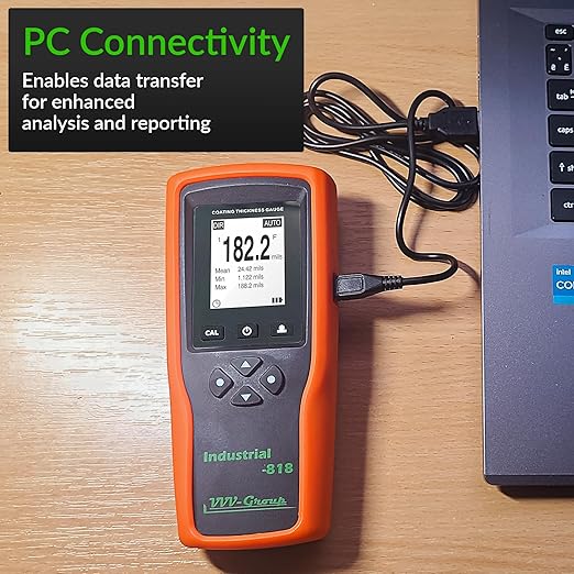 Digital Professional Coating Thickness Gauge Industrial-818 Paint Meter for Fe/NFe with Measuring Range: 0-197 mils | Resolution 0,001 mils | PC Connection