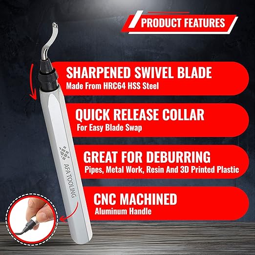 AFA Tooling - Deburring Tool with High Speed Steel Swivel Blade - Works on Metal, Resin, PVC Pipes, Copper, Plastic and 3D Printed Edges - Plumbing & 3D Printing Burr Removal Reamer Tool