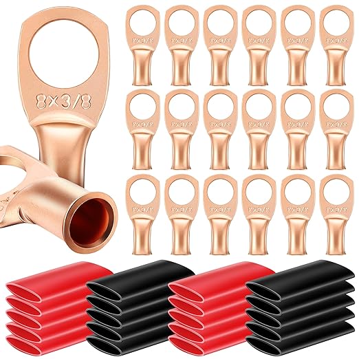Landhoow 20 Pcs UL Test Wire Lugs 8 Gauge Stud Ring Terminals,8 Gauge Wire Connectors,Heavy Duty Copper Crimp Lugs, Welding Cable Bare Copper Eyelet Lug & Heat Shrink (8 Awg 3/8 Ring,10 Black, 10 Red)