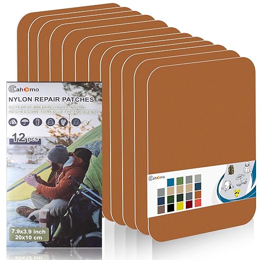 7.9x3.9 inch 12 PCS Nylon Repair Patch Nylon Repair Tape Self Adhesive Fabric Tapes Outdoor Camping Gear Fabric kit for Tent, Umbrella, Down Jackets, Sleeping Bag, Knapsack（Light Brown）