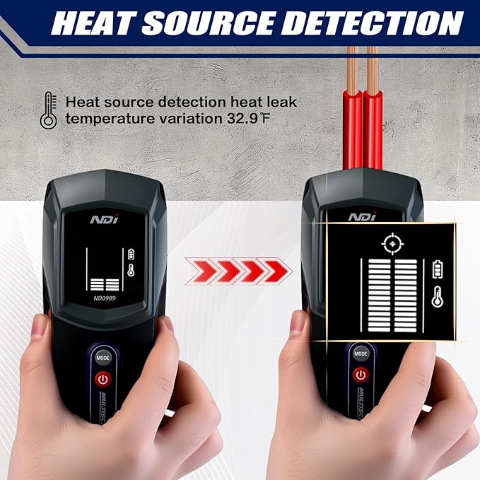 NDI ND0989 Multi-Function Stud Finder and Heat Source Detector Accurate Detection of Studs, AC Live Wires, and Heat Sources Behind Walls Ideal for Home Improvement, Electrical Installation