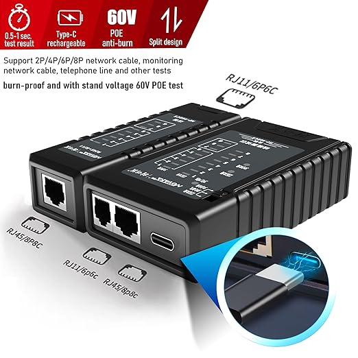 NF-468CS Network Cable Tester,RJ45/RJ11/CAT5/CAT6/CAT5E/CAT6A/ CAT7/POE Test UTP/STP Continuity Tester Ethernet Cable Mapper Phone Line CAT3, Ethernet Cable Tester, LAN Cable Test Network Tools