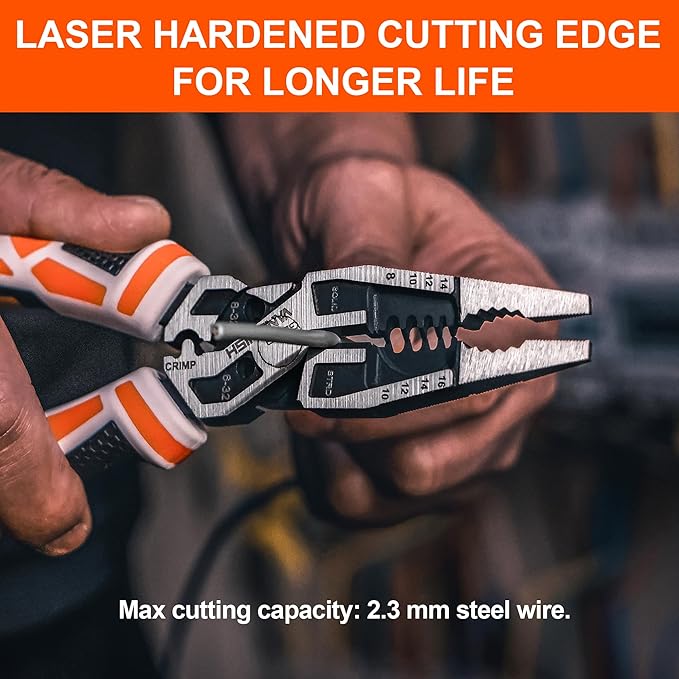 VANQUISH 10-in-1 Long Nose Pliers, 8‘’ Multipurpose Combination Pliers Wire Cutter/Crimper/Stripper, CRV Steel, Heavy Duty Side-Cutting Pliers for Crimping, Stripping, Shearing, Deburring, 3239
