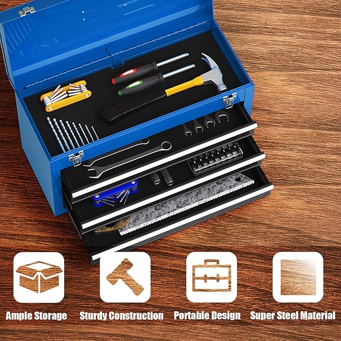 Goplus Tool Box with 3 Drawers, 4-Tier 20" Portable Tool Chest Organizer with Top Tool Tray, Auto Lock, Protective Liner, Handle, Steel Metal Small Toolbox for Gargae, Workshop, Home