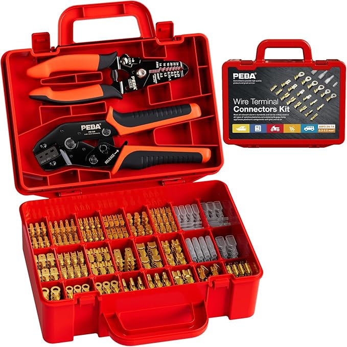 PEBA Crimping Tool Kit, 20 Types Spade Connectors, Ratchet Crimping Pliers AWG 24-14 for 2.8mm 3.5mm 3.9mm 4.8mm 6.3mm Open Barrels Pin Terminal | Speaker Connectors Terminal - Crimper Tool Kit