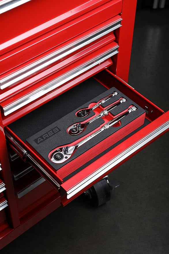 ARES 42048-3-Piece 90 Tooth Ratchet Set - Premium Chrome Vanadium Steel Construction & Mirror Polish Finish - Quick Release for Easy Socket Change - 90-Tooth Reversible Design with 4 Degree Swing
