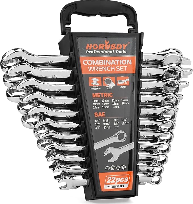 HORUSDY 22-Piece Wrench Set | Metric & SAE Combination Wrench Set with Organizer | 12 Point | Chrome Vanadium Steel