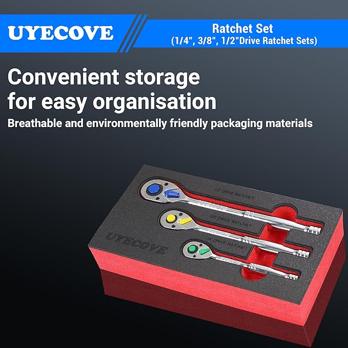 3-Piece Ratchet Set - 1/4, 3/8, 1/2 Inch Drive Socket Wrench Set - 72-Tooth Reversible Colorful Ratchet With IXPE Storage Tray