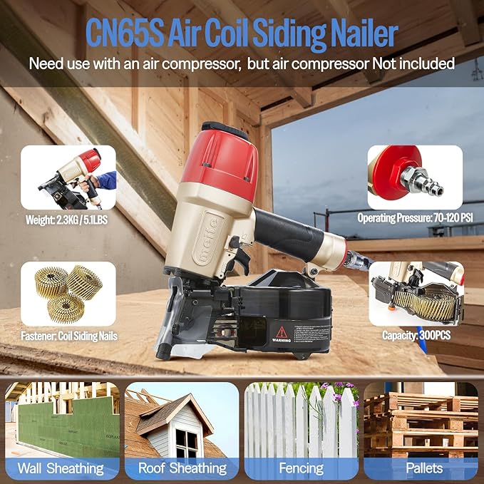 meite Siding Nailer, Pneumatic Siding Nail Gun Lightweight Air Coil Nail Gun with Safety Nose, Nail Depth and 360°Exhaust Adjustable, Compatible with 1-1/2" to 2-1/2" Coil Siding Nails (CN65S)