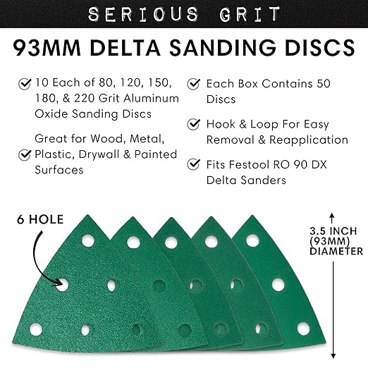 3.5-Inch (93mm) Triangle Sanding Sheet Assortment - 80, 120, 150, 180, 220 Grit (10 of Each) - Fits Festool Rotex RO 90 Delta - Hook & Loop Sandpaper for Detail Sanders - 50 Pack Box