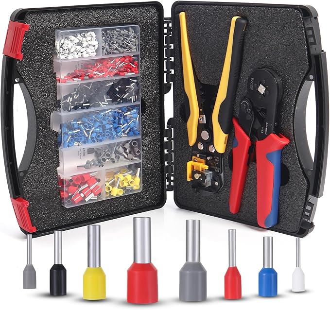WMT Ferrule Crimping Tool Kit, Crimper Tool and Wire Stripper Kit with 1200PCS Wire Ends Terminals,Built-In Adjustable Ratchet for Electrical Wire Connectors AWG 23-10