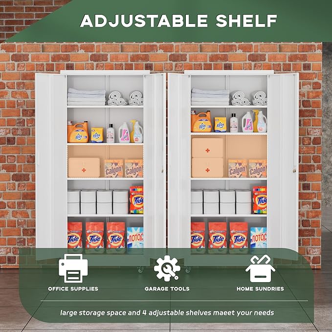 Greenvelly White Metal Storage Cabinet with Wheels, 73" Steel Garage Rolling Cabinet with Doors and 4 Shelves, Tall Locking Cabinets Tool Lockable Storage Cabinets for Basement, Pantry, Home Office