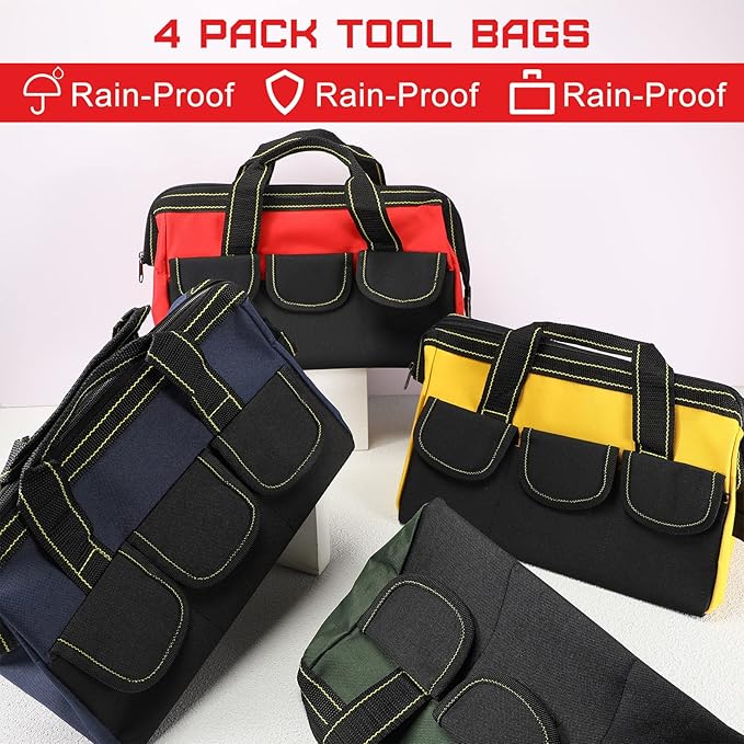 Cunno 4 Pieces Tool Bag with Waterproof Strong Molded Base Multi Pockets Wide Mouth Tool Tote Multifunctional Large Capacity Storage Organizer Heavy Duty(13 Inch,Multicolor)