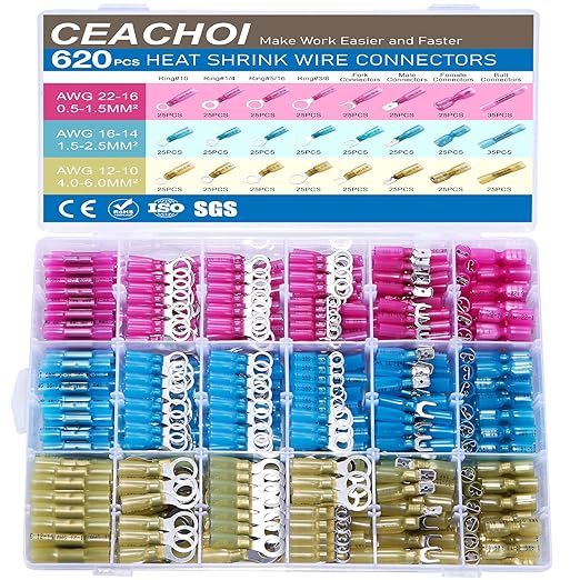 620PCS Heat Shrink Wire Connectors Electrical Connectors Kit Wire Connectors Kit, CEACHOI Marine Grade Waterproof Terminals Butt Connectors, Spade Fork Ring Butt Splices