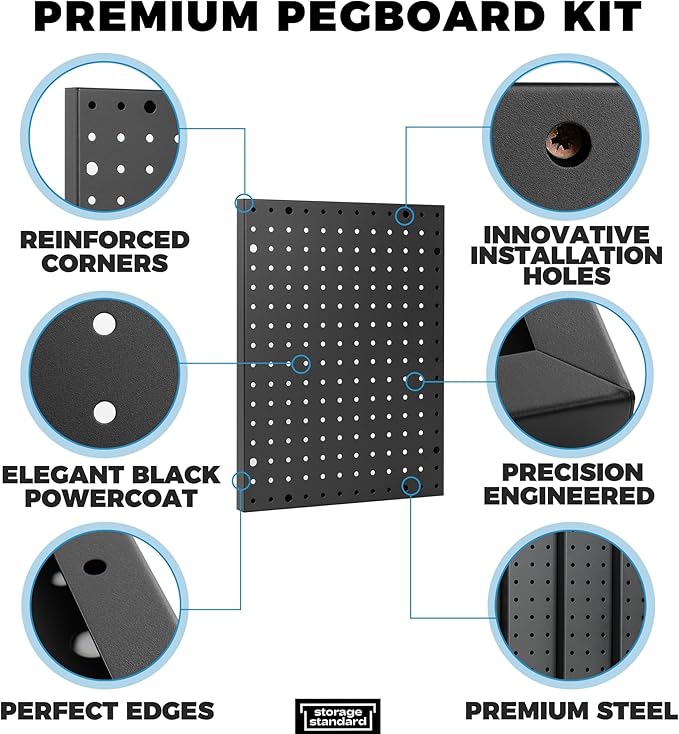 Heavy Duty 4-Panel Pegboard Wall Organizer & 32 Peg Hooks - Four Black Metal Peg Board Panels for Shops or Warehouse - Garage Tool & Walls Organizer - Modular Complete Kit With Installation Hardware