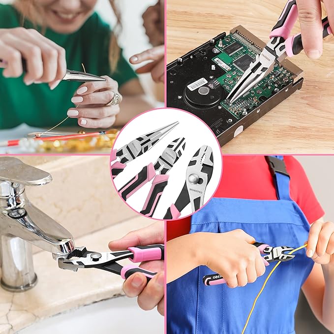 WORKPRO 3-Piece Pliers Set, Pink Tool Set Including Needle Nose & Diagonal Cutting & Slip Joint Pliers for Plumbing, Automotive and General Applications - Pink Ribbon