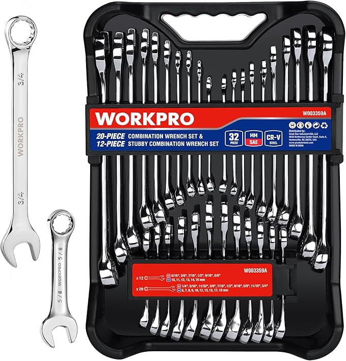 WORKPRO 32-Piece SAE & Metric Combination Wrenches Set, 20-Piece Standard wrenches and 12-Piece Stubby Wrenches with Organizer Tray, Cr-V Steel Mirror Chrome Polished