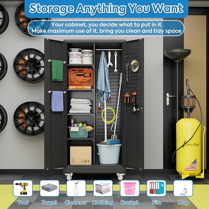 Garage Storage Cabinet with Wheels, Metal Tool Cabinet with Pegboards and 4 Adjustable Shelves, Garage Storage System with Lockable Door for Shools, Offices, Gyms and Pantries, Black