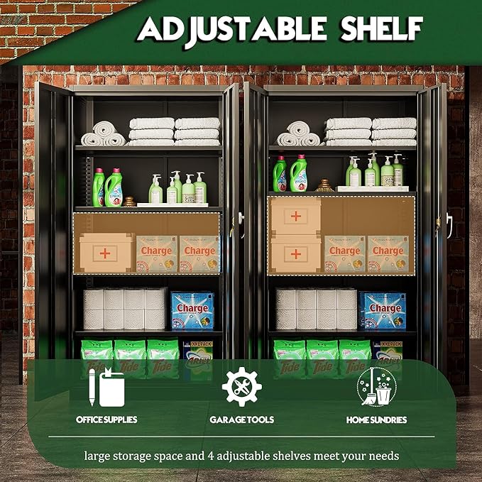 Greenvelly Metal Garage Storage Cabinet, 72” Lockable Storage Cabinet with Adjustable Shelves, Steel Tool Organizer for Home Office, Garage, School, Classroom(36" W x 18" D)