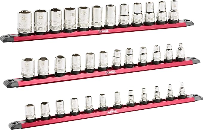ARES 60171-3-Piece 15.5-Inch Red Twist Lock Magnetic Socket Rail Set - Store 12 Metric or SAE Sockets on Each Rail and Keep Your Tool Box Organized – Magnetic Base for Easy Socket Organization