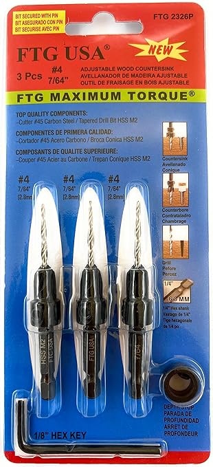 FTG USA Adjustable Wood Countersink Drill Bit Set 3 Pc #4 (7/64"") with Tapered Drill Bit for Woodworking